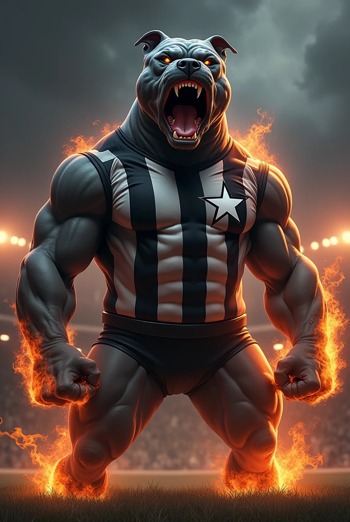 A large dark gray pitbull dog, very strong, standing as if he were human, brawny, angry face, snarling, showing teeth, angry, around one of the dog's eyes a white star is tattooed. Fire comes out of the dog's left paw. No fundo, Flames of fire come out from behind the dog. The dog wears a shirt with alternating vertical black and white stripes and on the right chest a white star outlined in black. Background of a football field at night , Void, grimdark.