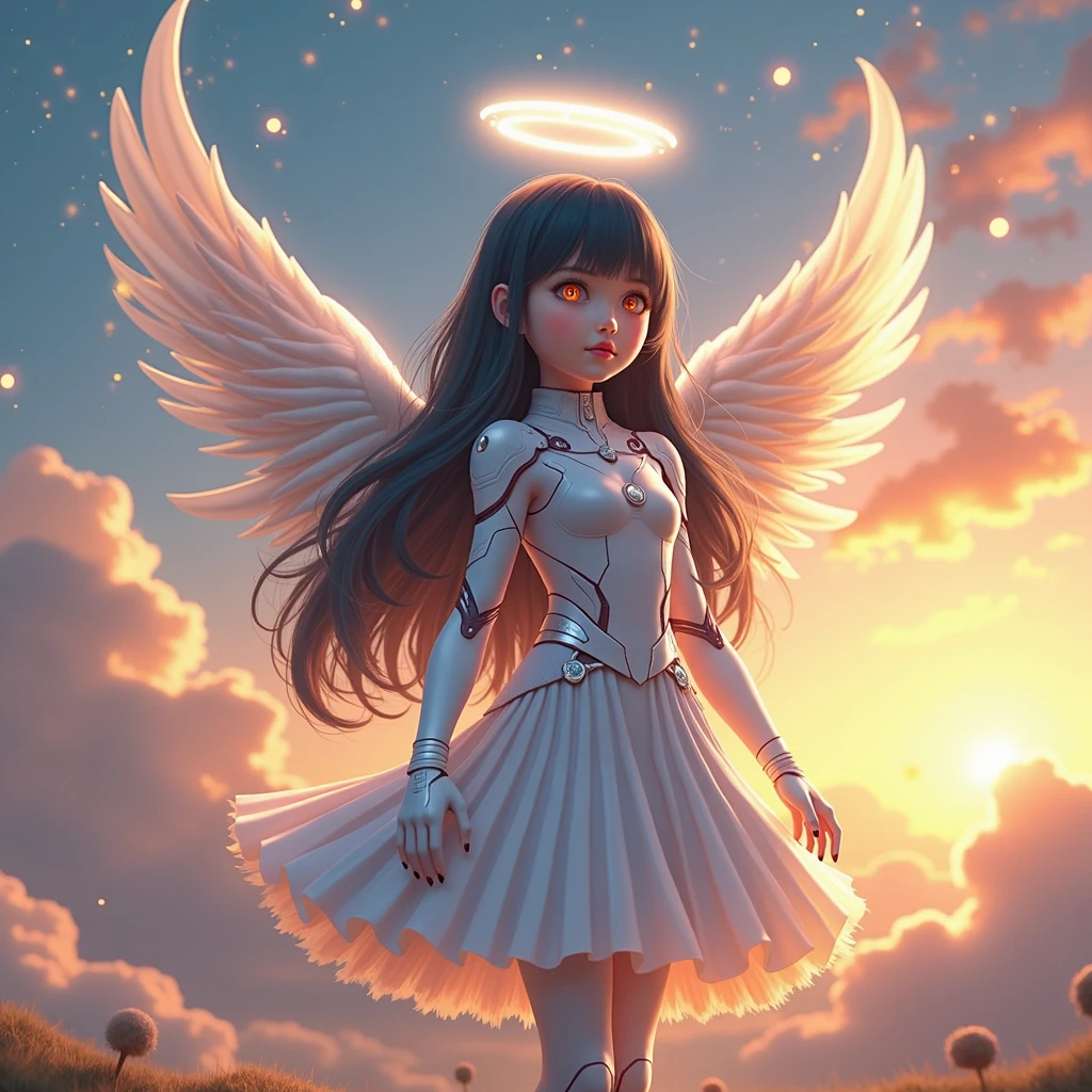 ((masterpiece, best quality, extremely detailed), volumetric lighting, ambient occlusion, colorful, glowing), 
1girl, solo, light brown skin young girl, (black hair), long hair, halo, aura, sacred, godness, cyber suit with skirt, (blue outfit:1.3), android, bot, angel wings,
outdoors, sunset, sky, clouds, space, (cyberpunk theme:1.2),
