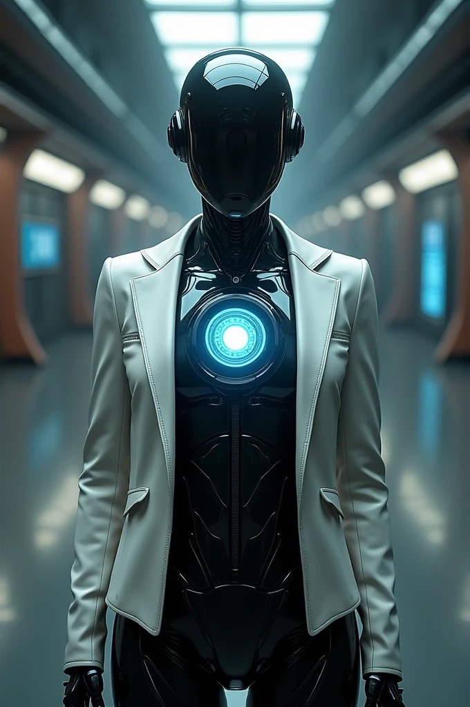 A robot, with a computer replacing his head, with a core on his chest. Has a Black suit with a white jacket
