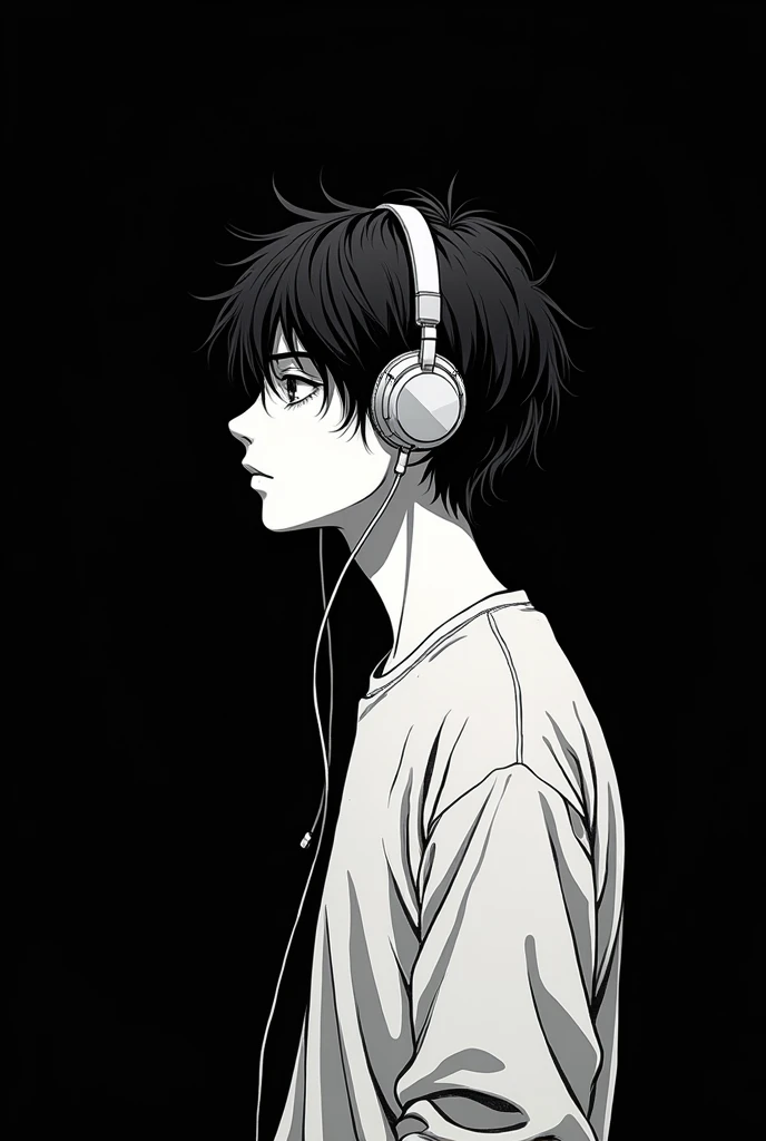 make a black and white manga art, about a lonely 19 year old boy, listening to music. with black background