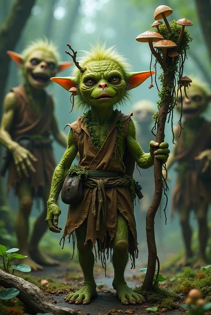 A realistic style image of a circle of spores druid, do jogo dungeon and dragons, green goblin, he is thin and very short, has 1,30 tall, he has spores and various mushrooms growing on his clothes and skin, he has a wooden staff that has vines and mushrooms, and squirrel bones on the tip, next to the goblin there are 3 human zombies with 1,80 tall , with realistic details and dramatic lighting to emphasize the character's mysterious atmosphere.