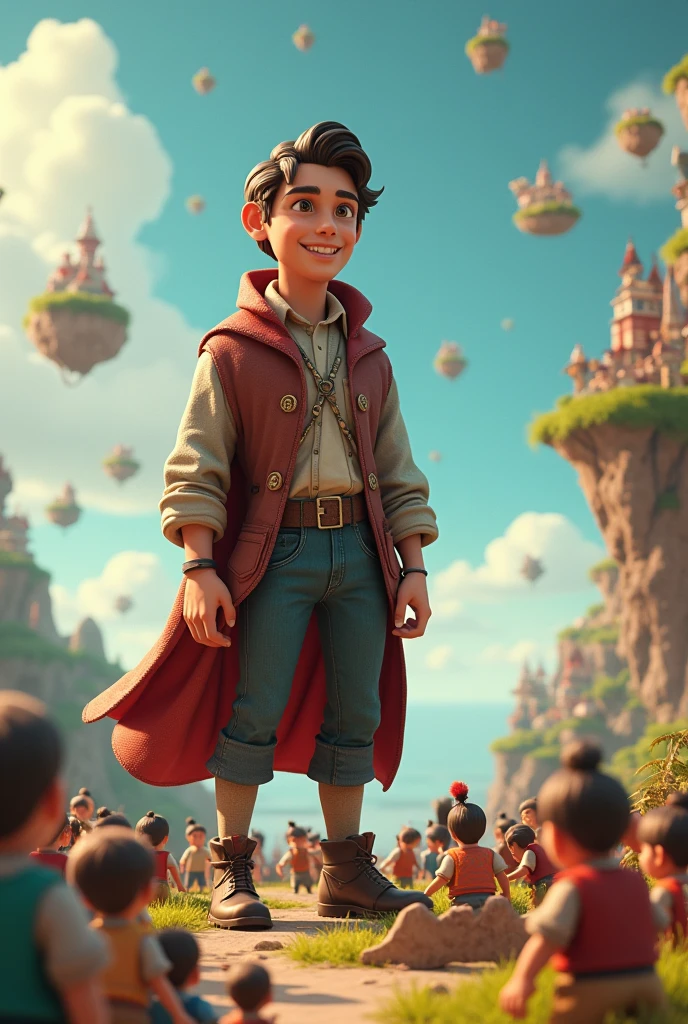 24-year-old Gulliver in a magical land
Big Gulliver is in the picture
Straight to the camera with a smile and excitement
Little people are around him
In the background, you can see lands floating in the air
3D style
