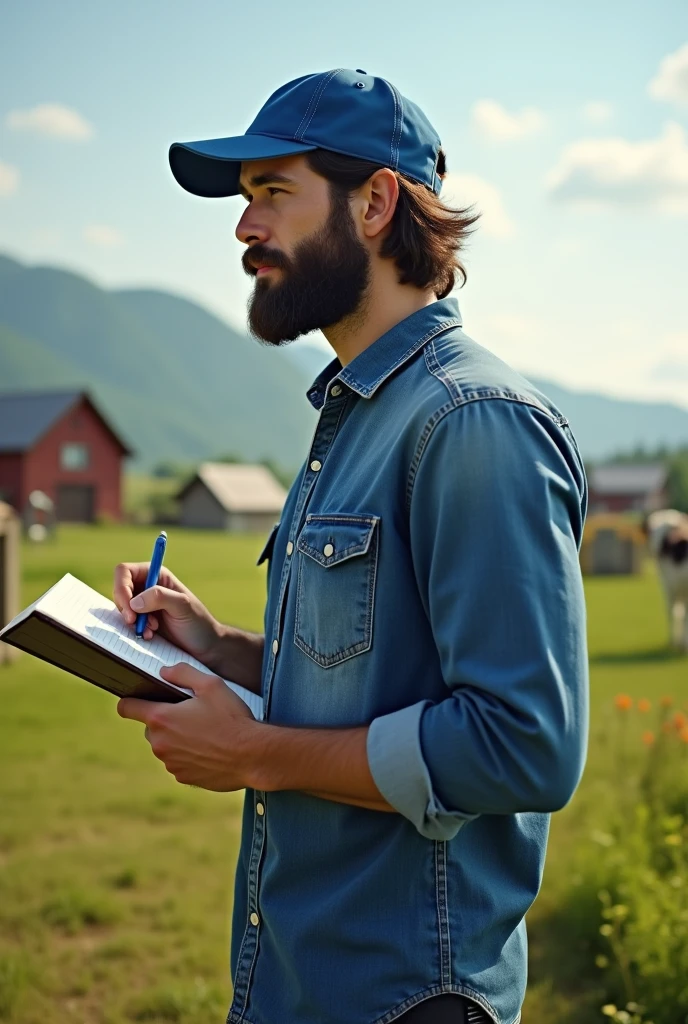 A tall young white man, with dark beard Sebrae veterinarian medium hair and blue cap on a small and beautiful farm, button down denim shirt, with notebook and pen in hand