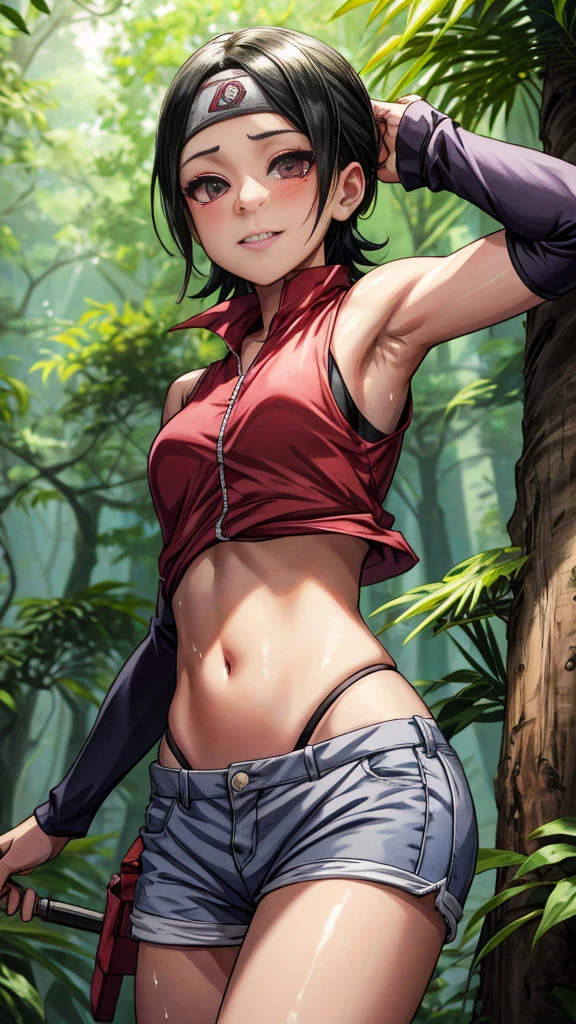 Character Sarada Uchiha a 14 year old girl, perfect face perfect eyes perfect smile. Wearing a sleeveless shirt that reaches her belly button and short shorts , hands up you can see his armpits, High resolution 8K masterpiece covered in a lot of sweat hot day scenery in a forest medium breasts without a bra a lot of sweat on her body , cubierta de mucho sudor ropa mojada por sudor , pelo suelto corto , ojos perfecto no lleva sostén pezones.