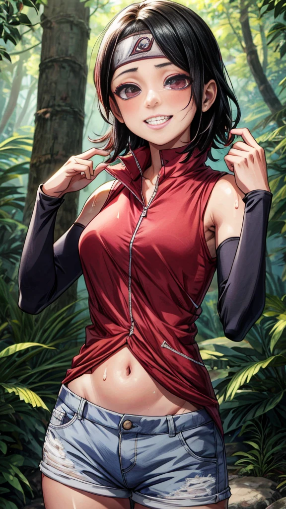 Character Sarada Uchiha a 14 year old girl, perfect face perfect eyes perfect smile. Wearing a sleeveless shirt that reaches her belly button and short shorts , hands up you can see his armpits, High resolution 8K masterpiece covered in a lot of sweat hot day scenery in a forest medium breasts without a bra a lot of sweat on her body , cubierta de mucho sudor ropa mojada por sudor , pelo suelto corto , ojos perfecto no lleva sostén pezones.