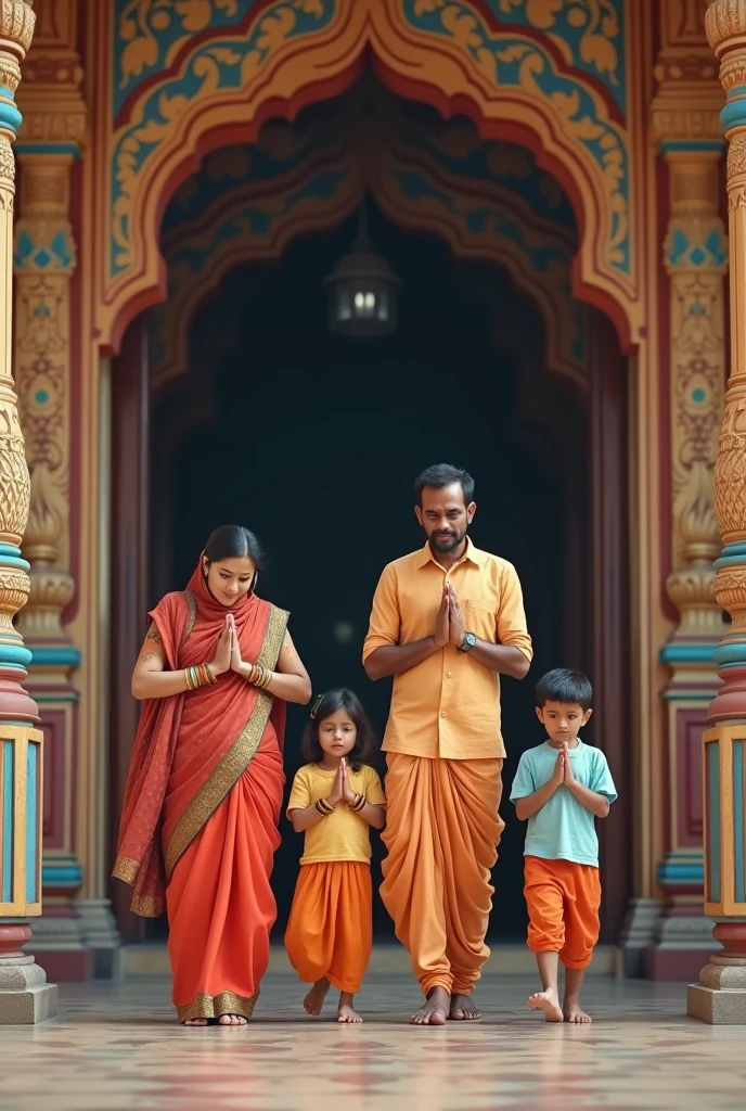 Family exits Hindu temple, folding hands in prayer. Footage fades and ends simpler photo next part2