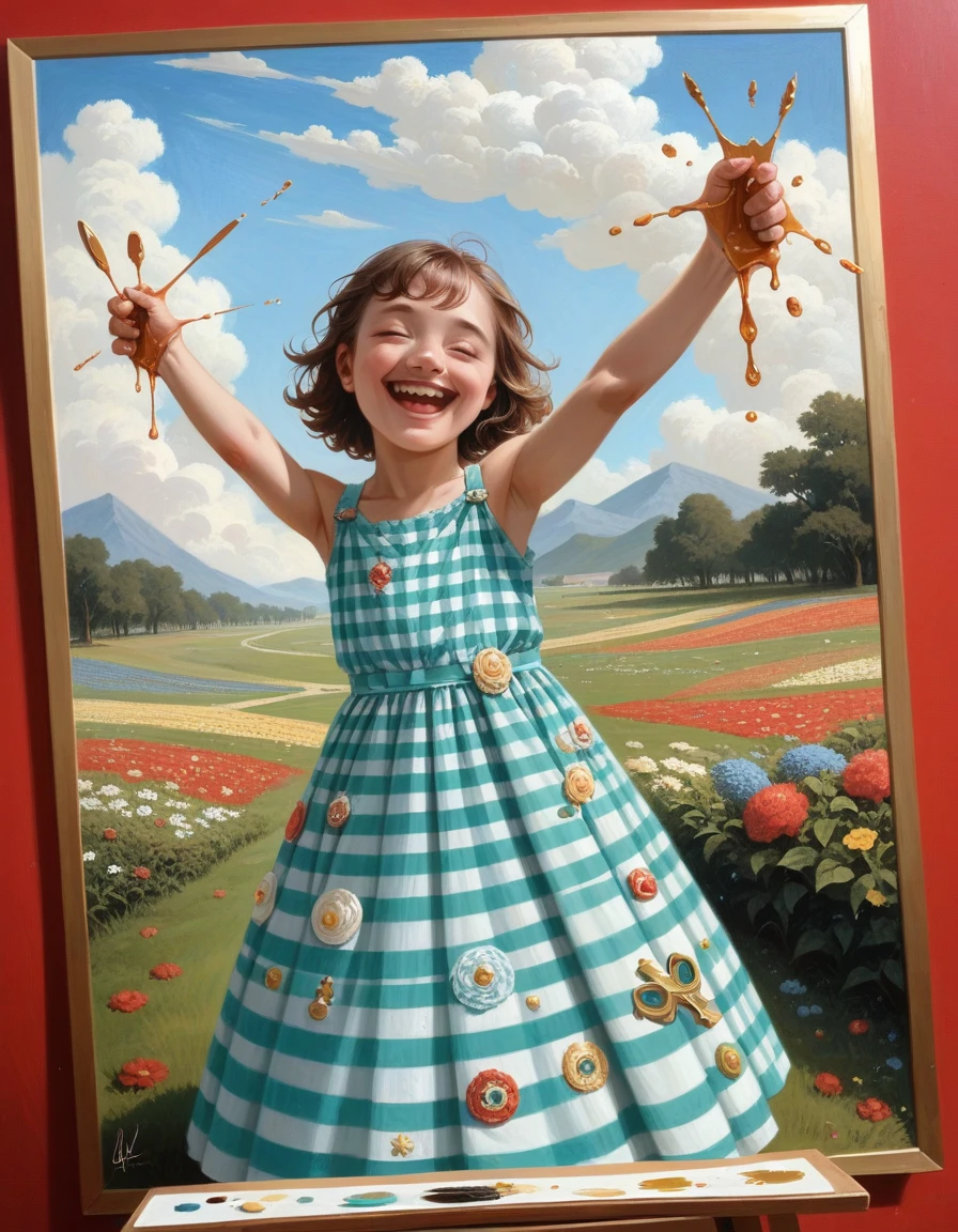 (scene of joy) a young dreamy girl joyfully inhales fresh air with her arms spread, a sweet joyful smile, in a checkered dress (in the style of Richard Johnson), ((fresh oil palette canvas/acrylic)), Intricate, Extreme Detail, Complex key, ((Single Shot)), ((Best Quality)), ((Masterpiece)), ((Realistic)), 8k