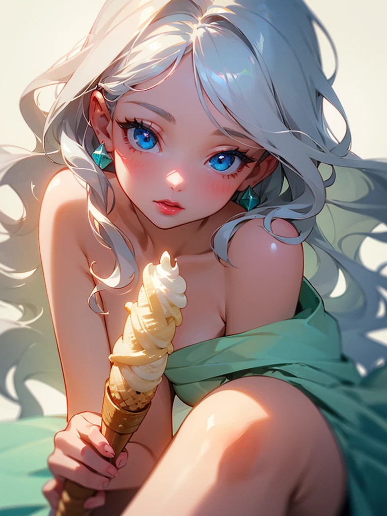 Naked, a close-up of a person holding an ice cream cone, sweet girl, woman with wavy silver hair, bangs, light blue eyes, red lips, tender green dress,