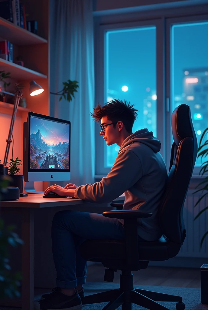 (photorealism:1.2), A guy , sitting on pc, wearing hoodie, playing valorant game, wolf haircut, indoors, soft lighting, gamer room in background, window with night, relaxed pose, realistic, intricate details, cold colors, by Mikey.