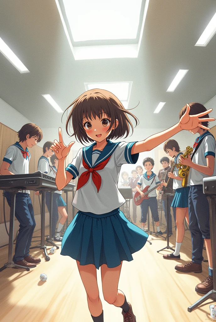 Sketch of a panoramic view of a music rehearsal room with a band playing and sexy girl in school uniform directing and animating anime