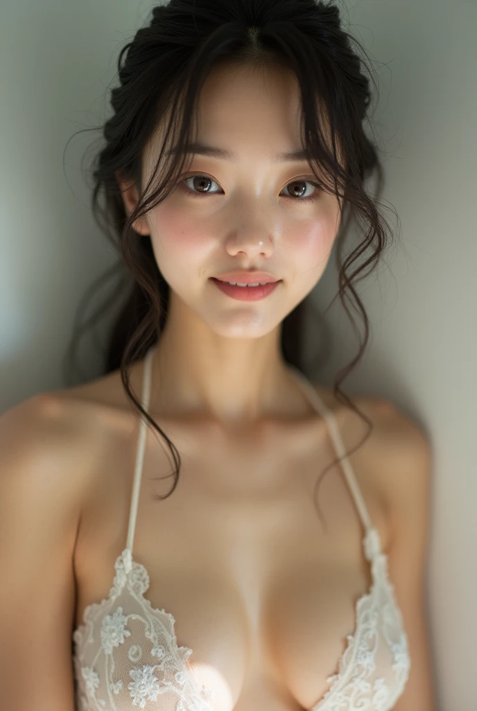 Highest quality, Chest Focus, Soft Light, Ultra-high resolution, (Realistic:1.4), RAW Photos, Japanese women, alone, cute, smile, (Brown eyes, Light in your eyes),(High resolution detail of human skin texture), Taking a shower、Small nipples