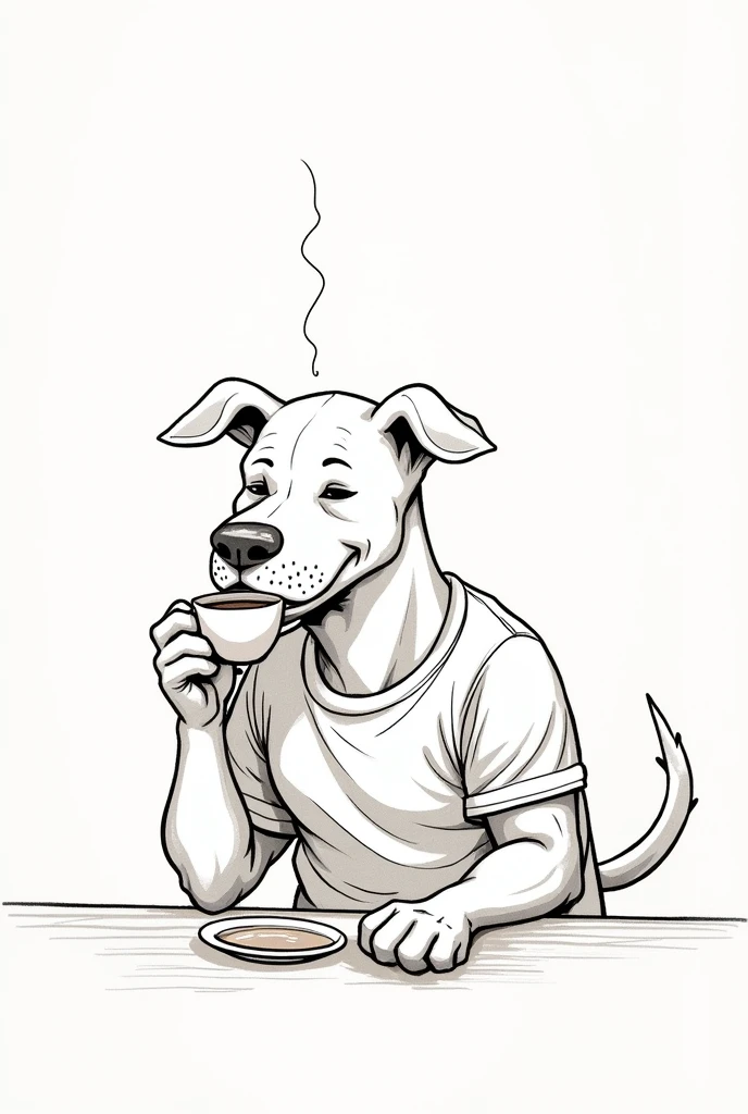 Happy pittbull dog with human body drinking coffee alone contours line drawing 