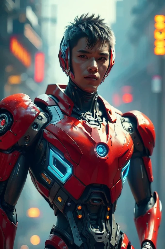 a highly detailed and intricate mecha robot, futuristic cyberpunk style, glowing neon lights, cinematic composition, 8k, hyperrealistic, intricate mechanical details, advanced technology, complex machinery, gleaming metallic surfaces, dynamic pose, dramatic lighting, vibrant color palette, moody atmosphere, cinematic framing, photorealistic, intricate gears and components, advanced futuristic technology, masterpiece