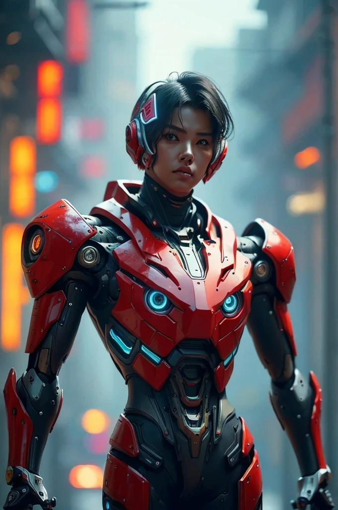 a highly detailed and intricate mecha robot, futuristic cyberpunk style, glowing neon lights, cinematic composition, 8k, hyperrealistic, intricate mechanical details, advanced technology, complex machinery, gleaming metallic surfaces, dynamic pose, dramatic lighting, vibrant color palette, moody atmosphere, cinematic framing, photorealistic, intricate gears and components, advanced futuristic technology, masterpiece