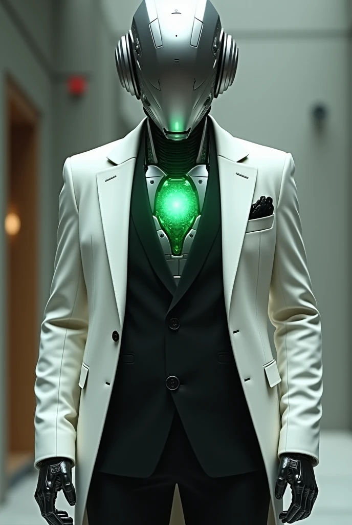 A robot, with a computer replacing his head, with a green core on his chest. Has a Black suit with a white jacket