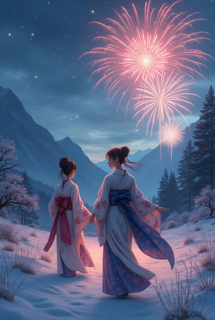 HD,Snow,Wild wolves,2 Japanese beautiful girl,Wearing kimono,light hair,night,fireworks