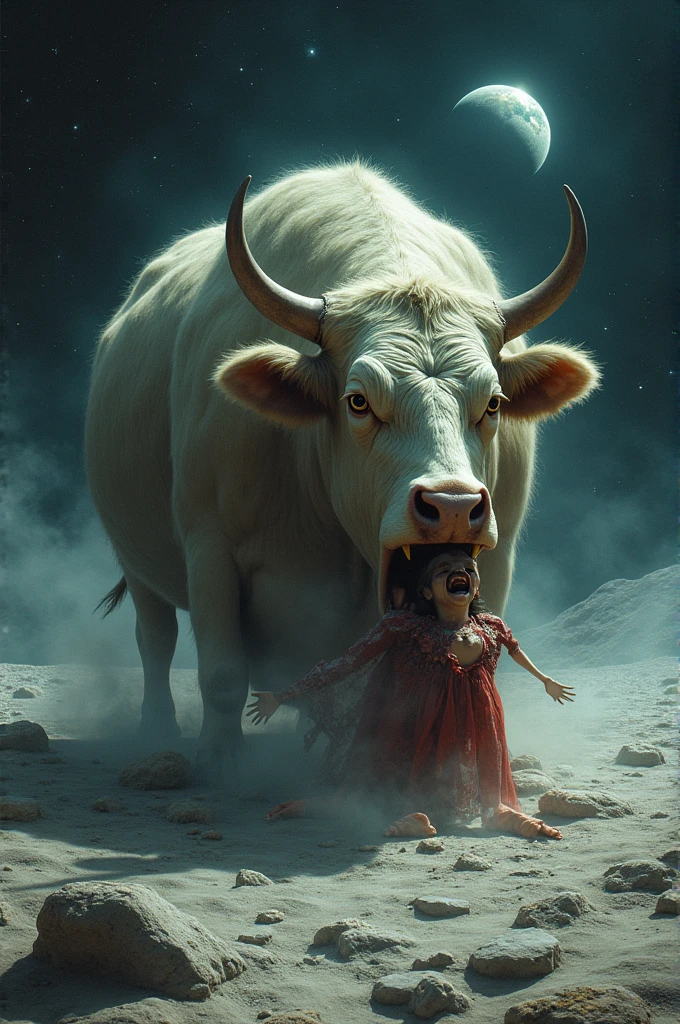 A cow eating man in the moon