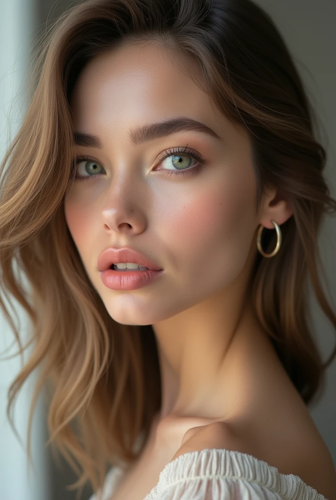 (photo realism 1.2) Beautiful, very realistic woman with fine features and a square jaw. Highly detailed green eyes and shoulder-length light brown hair. 