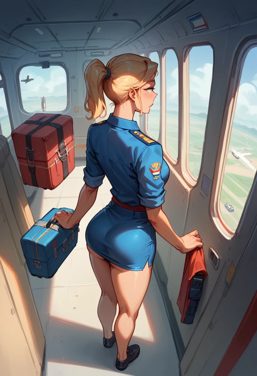 Stewardess inside a plane, sexy, short skirt, red thong, blue uniform, ponytail hairstyle, athletics, packing luggage,view from above, extreme skin definition, detail to the maximum.