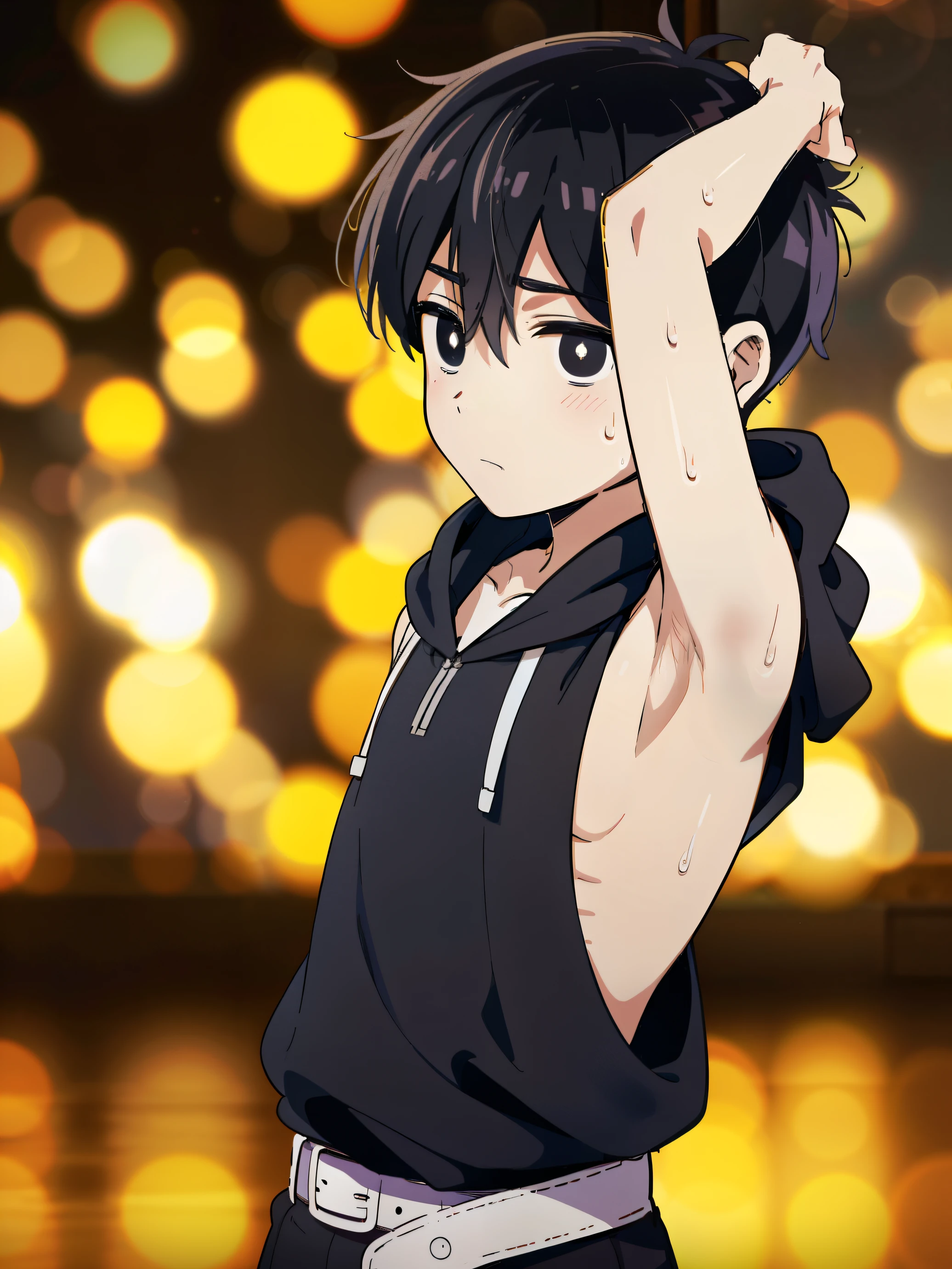 Highres, Masterpiece, Best quality at best,Best Quality,hight quality, hight detailed, Anime style, 1boy, Shota, young boy, Solo person, Omori, black hair,bright pupils, outline, white pupils, white outline, look at viewer,Sleeveless hoodie, Bare shoulder, belt, flat chest, upper body, simple beckground, (Showing armpit:1.3), (very young boy), (very small and short body), simple beckground, hansome boy, Uhd, bokeh, sweat