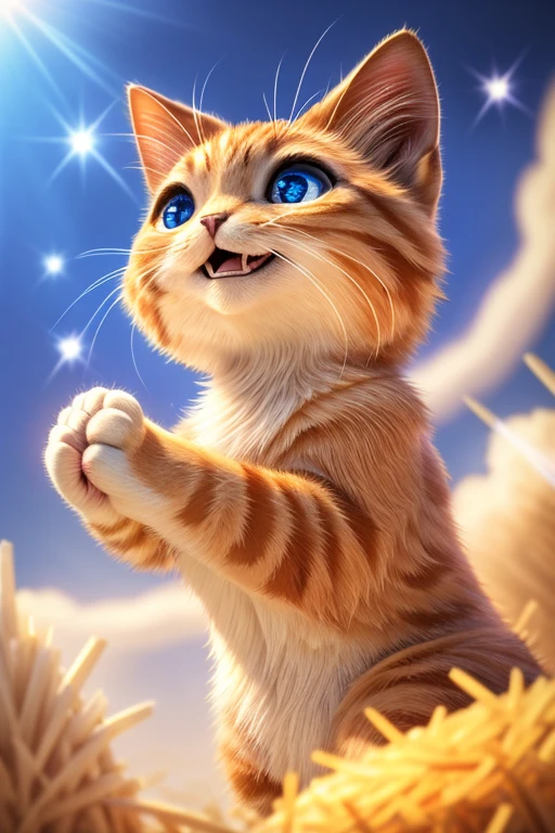 (Highest quality、masterpiece、8k))、Anatomically correct、Very detailed、High resolution、Cinematic lighting、Realistic、((Beautiful, sparkling, detailed eyes))、Intricate details、((Dynamic composition))、Cute kitten、Big head、cat and beautiful girl、Holding hands、Warm Sunshine、Uncontrollable joy、Is this heaven?、Lots of rice