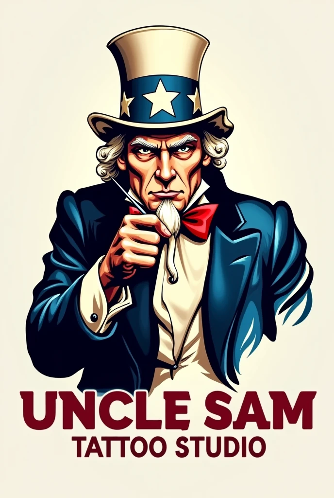 Create a logo called "Uncle Sam Studio" The idea is to bring Uncle Sam as if he were a professional tattoo artist holding a tattoo needle and below the image the name of the company. Remember that I want a logo for a professional tattoo studio, be more detailed on Uncle Sam