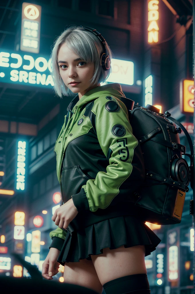 A young girl in realistic portrait of high quality and detail, movie style, Anby Demara (Zenless Zone Zero), She has short silver hair and light brown eyes. She wears a short black skirt and a green suit with a backpack on her back, long black knee socks, green sneakers and black sports underwear, pale skin, european girl, medium breast, futuristic style, cyberpunk style, happy look, glow, eye shadow, 1girl, Depth & Perspective, smiling face, fine face, She's standing in the cyberpunk street, outdoors, signs in Japanese in the background, day time, blue sky, looking at viewer, (ultra-high detail:1.2), Masterpiece, Best Quality, Ultra-detailed, Cinematic lighting, 8K, delicate features, cinematic, 35 mm lens, f/1.9, highlight lighting, global lighting –uplight –v 4, cinematic, Cinematic lighting, 8K, high quality, Highest Quality, (Solo Focus), (extremly intricate:1.3), (Realistic), masterful, Analog style, (Film grain:1.5), (cold tone),