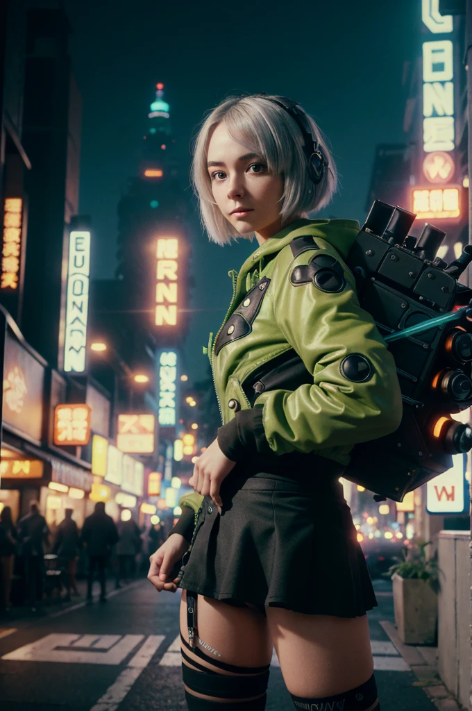 A young girl in realistic portrait of high quality and detail, movie style, Anby Demara (Zenless Zone Zero), She has short silver hair and light brown eyes. She wears a short black skirt and a green suit with a backpack on her back, long black knee socks, green sneakers and black sports underwear, pale skin, european girl, medium breast, futuristic style, cyberpunk style, happy look, glow, eye shadow, 1girl, Depth & Perspective, smiling face, fine face, She's standing in the cyberpunk street, outdoors, signs in Japanese in the background, day time, blue sky, looking at viewer, (ultra-high detail:1.2), Masterpiece, Best Quality, Ultra-detailed, Cinematic lighting, 8K, delicate features, cinematic, 35 mm lens, f/1.9, highlight lighting, global lighting –uplight –v 4, cinematic, Cinematic lighting, 8K, high quality, Highest Quality, (Solo Focus), (extremly intricate:1.3), (Realistic), masterful, Analog style, (Film grain:1.5), (cold tone),