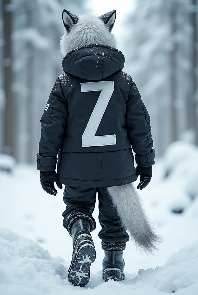 Young Werewolf, white hair, wearing a black winter coat with white details and the letter Z printed on the back, black and white pants and snow boots. Wearing eye and ear protection for snow. Front and back photo. Letter Z in the Coasts. Wolf tail
