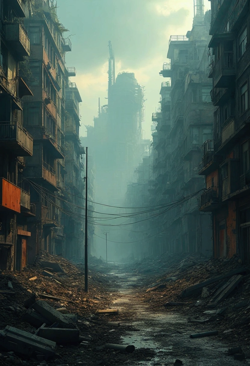 Il y a une rue sale avec beaucoup de débris dessus., ville post-apocalyptique streets, une ville dystopique abandonnée, in a ville post-apocalyptique, rue post-apocalyptique, ville post-apocalyptique, ville abandonnée, art conceptuel numérique de la dystopie, dark ville abandonnée streets, dans un paysage urbain en ruine, quartier post-apocalyptique, ville post-apocalyptique, ambiance post-apocalyptique