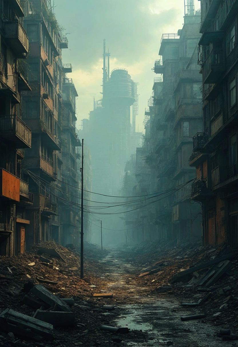 Il y a une rue sale avec beaucoup de débris dessus., ville post-apocalyptique streets, une ville dystopique abandonnée, in a ville post-apocalyptique, rue post-apocalyptique, ville post-apocalyptique, ville abandonnée, art conceptuel numérique de la dystopie, dark ville abandonnée streets, dans un paysage urbain en ruine, quartier post-apocalyptique, ville post-apocalyptique, ambiance post-apocalyptique