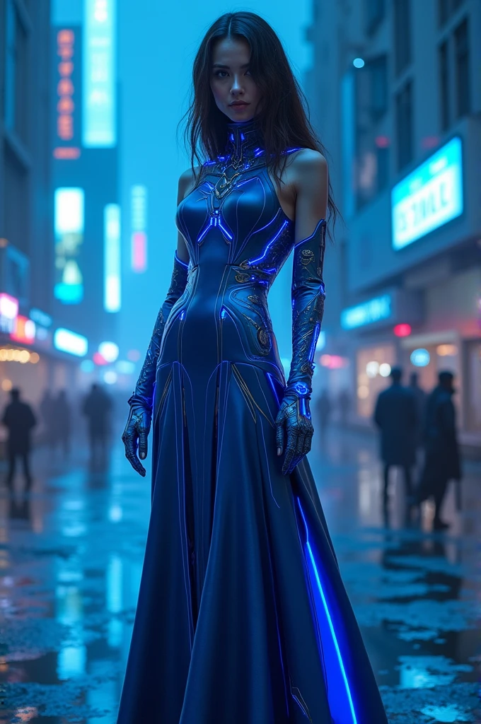 A cyberpunk dress designed for a woman in blue colour
