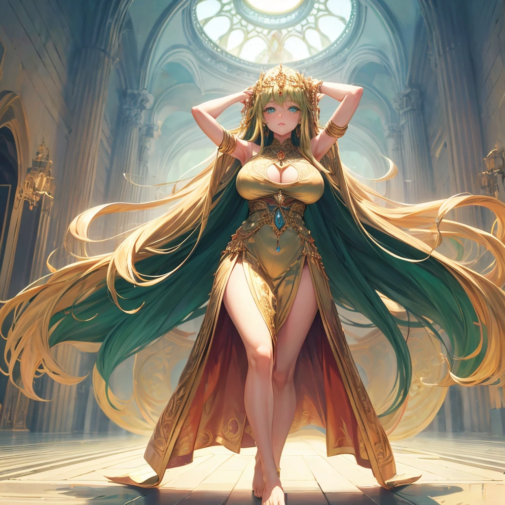 (best quality)) ((masterpiece)) human, 1woman, ((full-body-point-of-view-1)), ((stern facial expression)), huge_breasts_1, solo, long_hair, ((1green eyes)), ((light_blonde_hair)), ((stern face)), looking_at_viewer, massive_breasts_1, wide_hips_1, freckles, gold_trim, very_long_hair, gold_jewelry, bangs, ((regal dress)), beautiful_scenery_background, ((perfect green eyes)), ((highest quality)), ((excellent quality)), ((best quality)), 2arms-1, ((feet-1)), ((hands behind head))