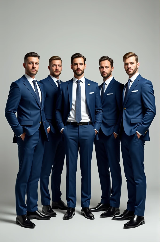 Create an image of 5 men in blue and white suits