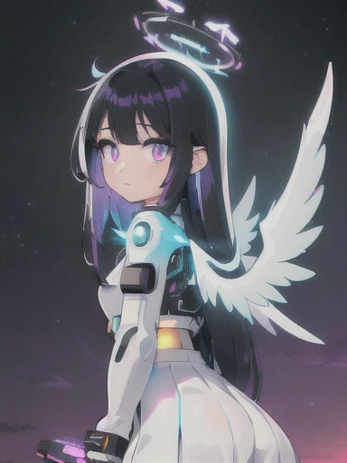 ((masterpiece, best quality, extremely detailed), volumetric lighting, ambient occlusion, colorful, glowing),
1girl, solo, young girl, (black white ombre hair), long hair, halo, aura, sacred, godness, cyber suit with skirt, (white outfit:1.3), android, bot, angel wings,
outdoors, sunset, sky, clouds, space, (cyberpunk theme:1.2),