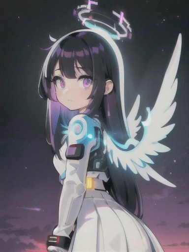((masterpiece, best quality, extremely detailed), volumetric lighting, ambient occlusion, colorful, glowing),
1girl, solo, young girl, (black white ombre hair), long hair, halo, aura, sacred, godness, cyber suit with skirt, (white outfit:1.3), android, bot, angel wings,
outdoors, sunset, sky, clouds, space, (cyberpunk theme:1.2),