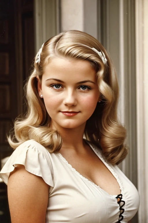 Medium view, of young aged, 16 year old, mom, gilf, milf, face portrait, german features, chubby, long hair, blond hair, 1940s hair style, 1940s clothing, in berlin 1936,