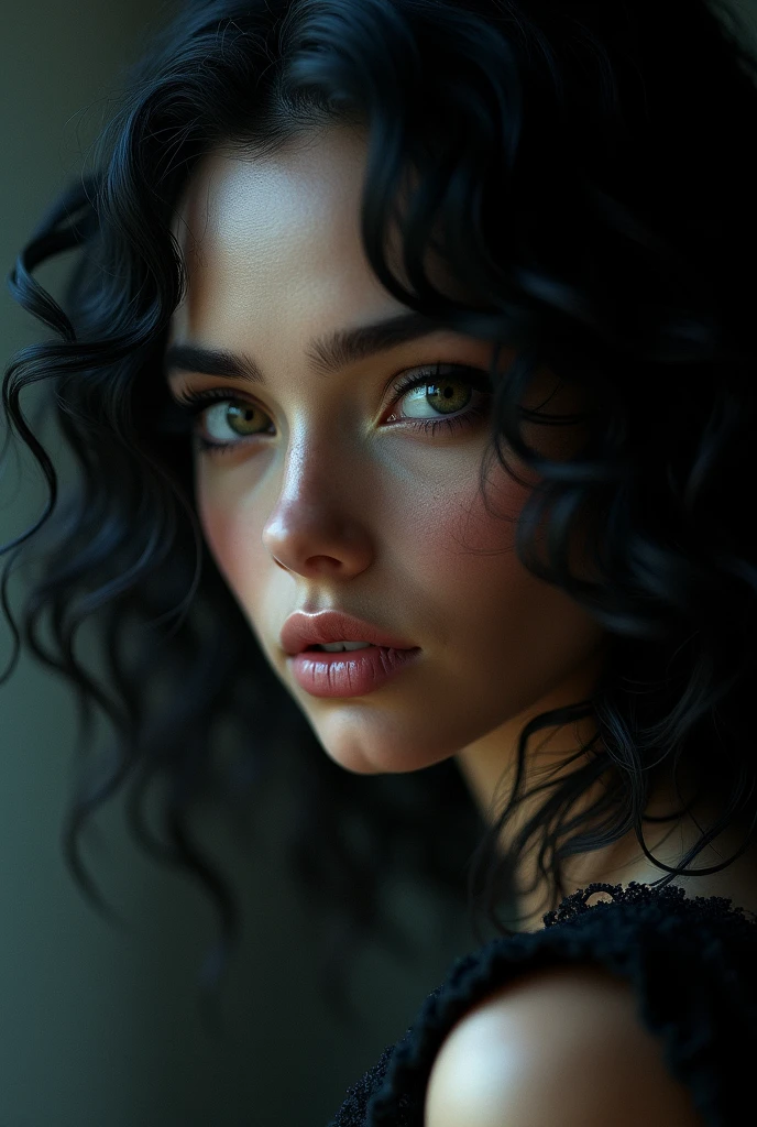 (best quality,4k,8k,highres,masterpiece:1.2),ultra-detailed,(realistic,photorealistic,photo-realistic:1.37),1girl,beautiful detailed eyes,beautiful detailed lips,extremely detailed eyes and face,longeyelashes,black curly hair,demon gaze,dark fantasy,dramatic lighting,cinematic composition,moody atmosphere,dark colors,chiaroscuro,dramatic shadows