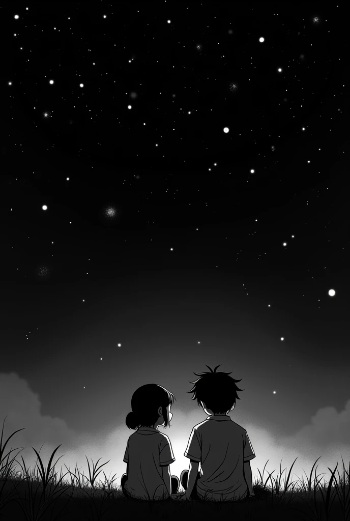 make a black and white manga art, about two friends, a girl and a boy, both are 1, are listening to music together, while looking at the stars. with black background