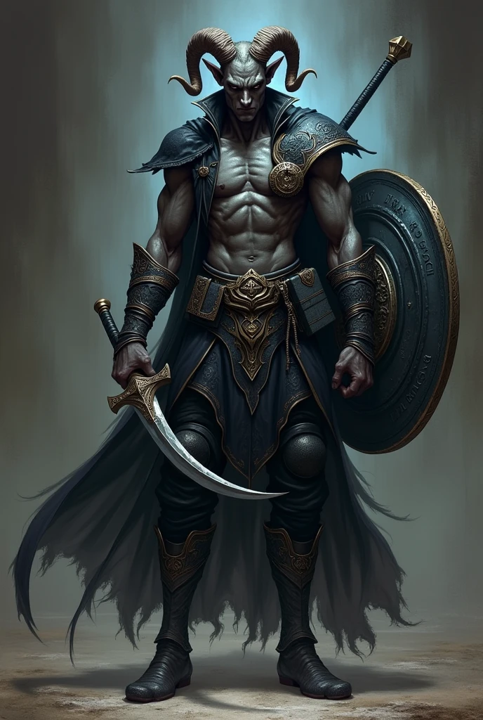Tiefling male with very tightly-curled and tightly-wound ,rams horns and charcoal-black skin. You can see his chest due to his dark-colored, button-less, sleeveless, gold-trimmed jacket and black trousers. He’s bracing to draw an intricately engraved, curved sword from a similarly designed scabbard on his hip. He also has a purple, glowing, shadowy shield on his back and a book holster on his other hip carrying a black, malevolent tome.