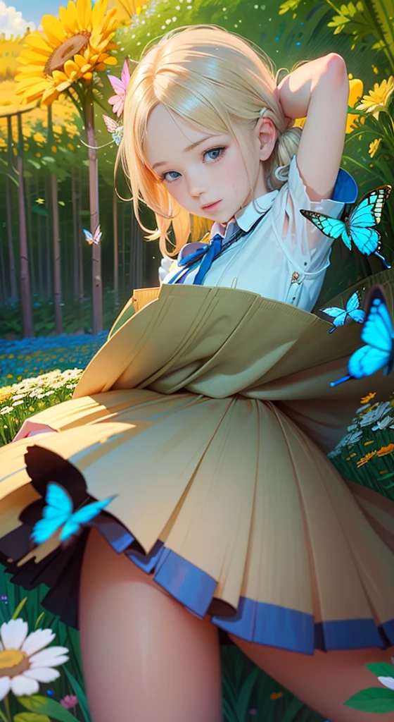 Illustration of a 10 year old blonde girl, "Happy" in a field of flowers, blue cloudy sky, playing with butterflies, Nice illustration, beautiful painting, beautiful UHD 4k art, Beautiful art, a Beautiful art illustration, art in the style of guweiz, beautiful painting, atey ghailan 8k, artgerm and atey ghailan, 10 year old blonde girl, Happy in a field of flowers,  playing with butterflies, (butterflies). (best quality, ​masterpiece), 1 girl, Pose, Particle, wind, flower, Full body, Garden background, looking at butterflies. supershort skirt, Upskirt view --Auto