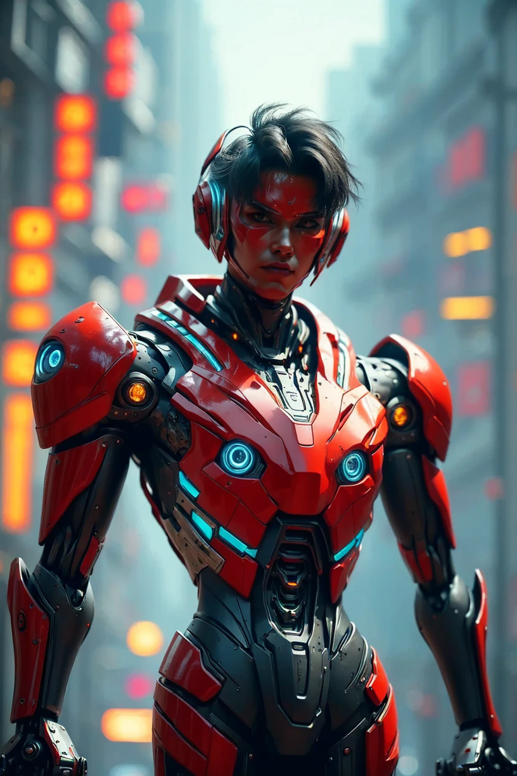 a highly detailed and intricate mecha robot, futuristic cyberpunk style, glowing neon lights, cinematic composition, 8k, hyperrealistic, intricate mechanical details, advanced technology, complex machinery, gleaming metallic surfaces, dynamic pose, dramatic lighting, vibrant color palette, moody atmosphere, cinematic framing, photorealistic, intricate gears and components, advanced futuristic technology, masterpiece