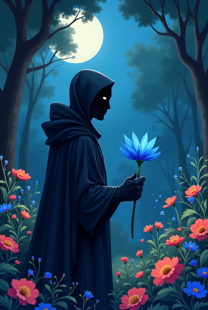 A man with a black mask, a black cape and a bright blue flower in one hand, he is looking at this flower, in a garden with different types of flowers at night. Image a little dark but with some points of light and brightness. Cartoon drawing style, water color painting