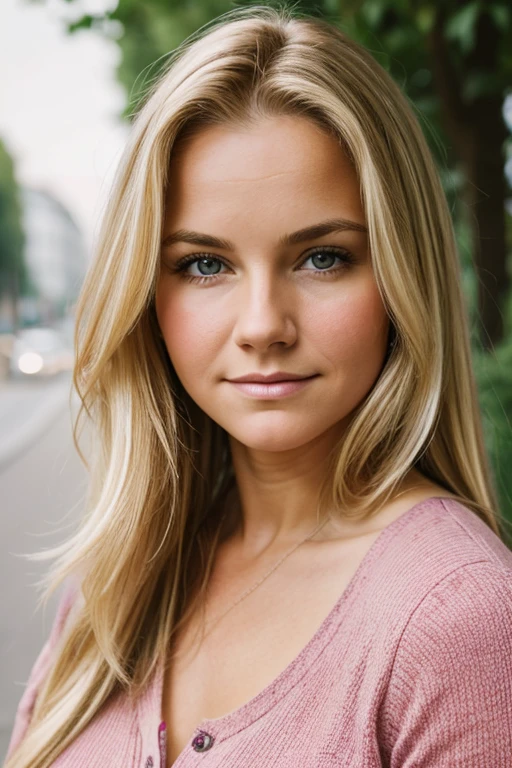 Medium view, of young aged, 16 year old, mom, gilf, milf, face portrait, chubby, long blond hair, styled hair, henley, in berlin