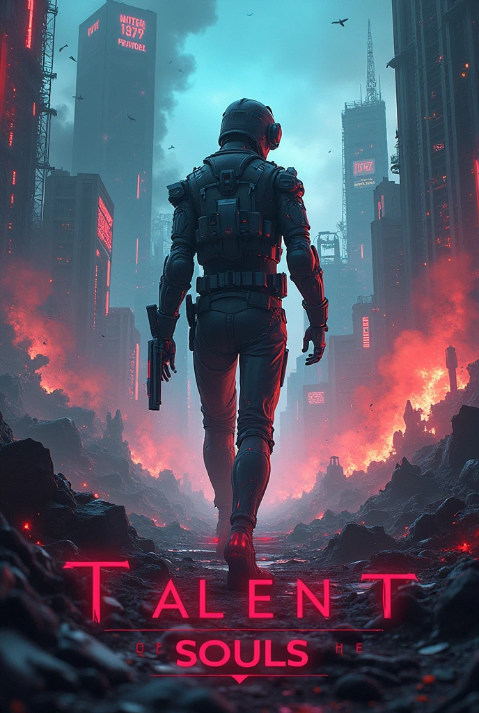 I want to create a cover for a book, will have as Title "The Talent of Souls" I want it to have a Cyberpunk style, and many colors but in the background it has the image of destruction or a war