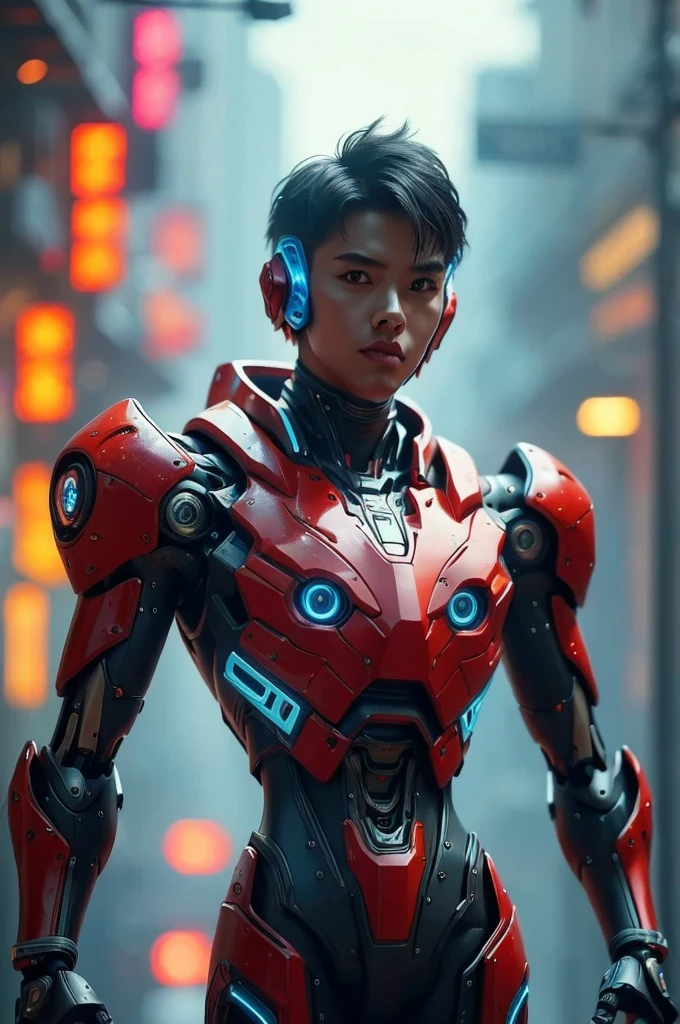 a highly detailed and intricate mecha robot, futuristic cyberpunk style, glowing neon lights, cinematic composition, 8k, hyperrealistic, intricate mechanical details, advanced technology, complex machinery, gleaming metallic surfaces, dynamic pose, dramatic lighting, vibrant color palette, moody atmosphere, cinematic framing, photorealistic, intricate gears and components, advanced futuristic technology, masterpiece