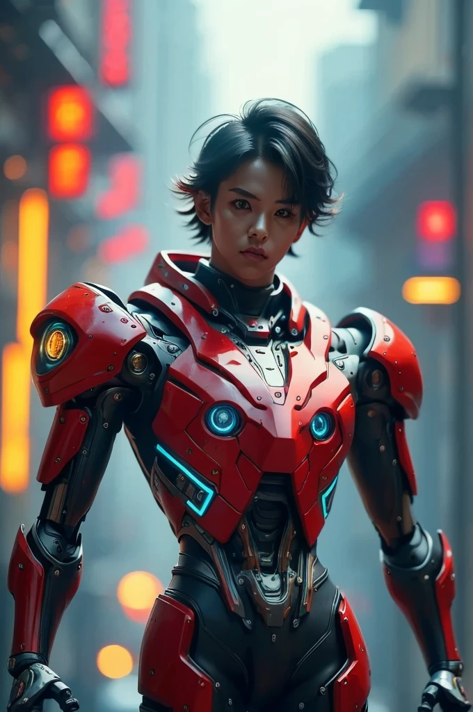 a highly detailed and intricate mecha robot, futuristic cyberpunk style, glowing neon lights, cinematic composition, 8k, hyperrealistic, intricate mechanical details, advanced technology, complex machinery, gleaming metallic surfaces, dynamic pose, dramatic lighting, vibrant color palette, moody atmosphere, cinematic framing, photorealistic, intricate gears and components, advanced futuristic technology, masterpiece