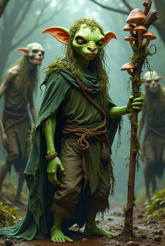 A realistic style image of a circle of spores druid, do jogo dungeon and dragons, green goblin, he is thin and very short, has 1,30 tall, he has spores and various mushrooms growing on his clothes and skin, he has a wooden staff that has vines and mushrooms, and squirrel bones on the tip, next there are 3 decaying zombies with 1,80 tall , with realistic details and dramatic lighting to emphasize the character's mysterious atmosphere.