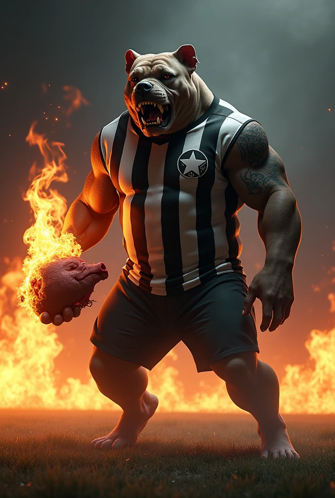 A large dark gray pitbull dog, very strong, standing as if he were human, brawny, angry face, snarling, showing teeth, angry, around one of the dog's eyes a white star is tattooed. Fire comes out of the dog's left paw. No fundo, Flames of fire come out from behind the dog. The dog wears a shirt with alternating vertical black and white stripes and on the right chest a white star outlined in black. Background of a football field at night , Void, grimdark. Dog is holding the head of a pig that has its eyes and mouth closed.