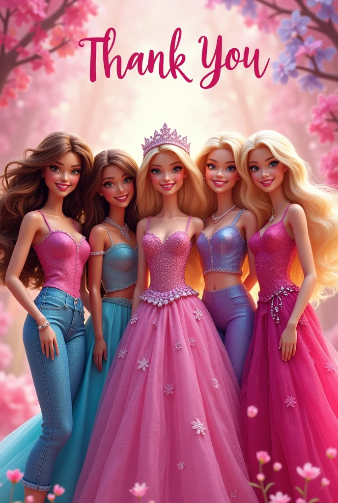 CREATE A THANK YOU WRITTEN IMAGE, CONTAINING SEVERAL CHARACTERS FROM THE BARBIE MOVIES AROUND
